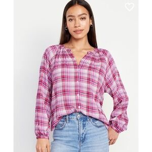 NWT Old Navy Blouse Top Womens XL‎ TALL Pink Plaid Split Neck Button Front  Boho
